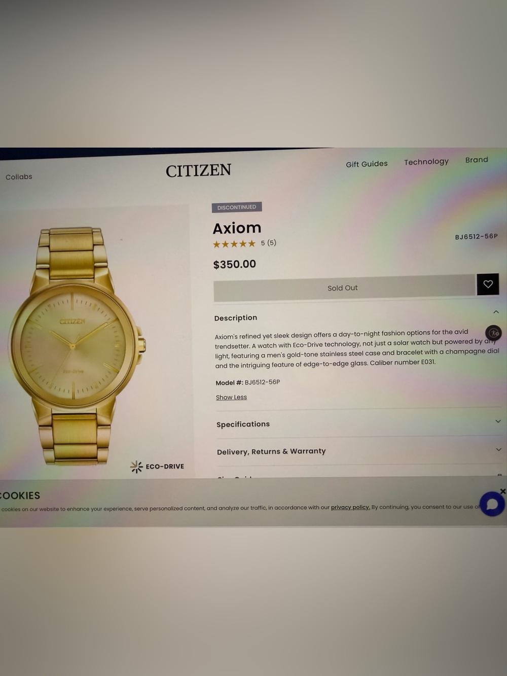 Citizen Axiom Eco-Drive Gold Tone Champagne Dial Watch Model BJ6512-56P - Picture 12 of 14